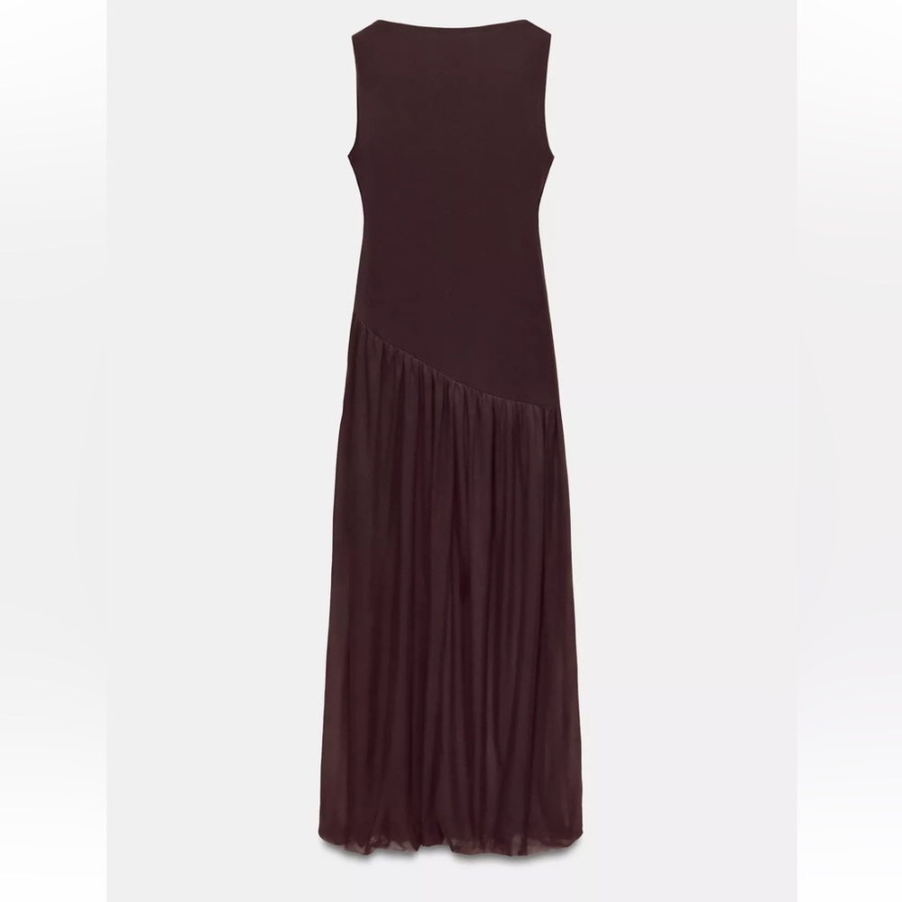 Sleeveless long tule combination Asymmetric Maxi Dress in brown